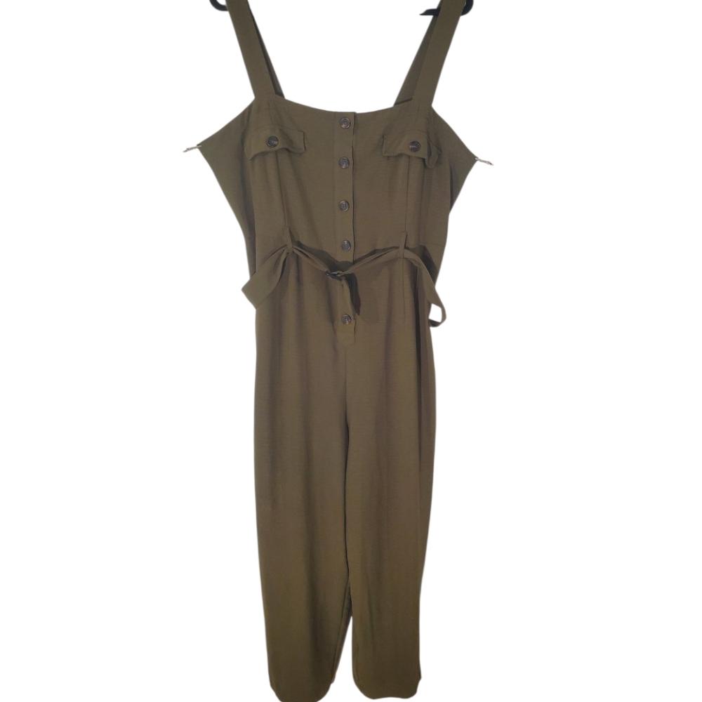 GUESS Olive Green Button-Front Wide-Leg Jumpsuit Size XL - Picture 4 of 10